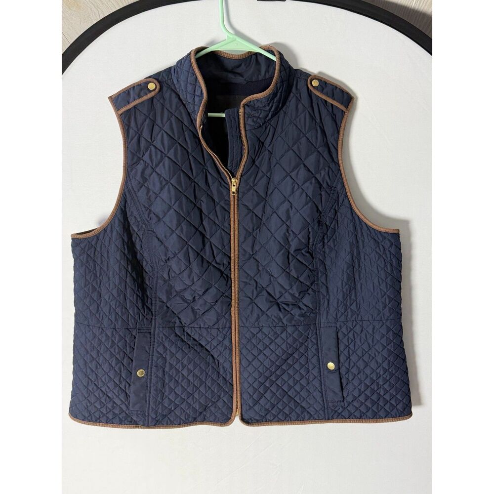 Talbots Navy Quilted Vest Brown Trim Equestrian Preppy Country Club 3XL